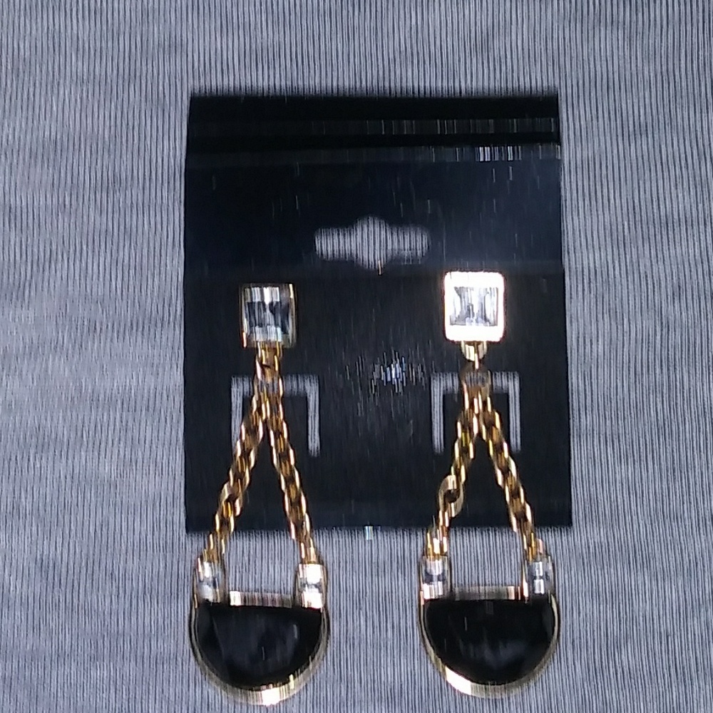 Crystal squares with gold chain & black half moon.